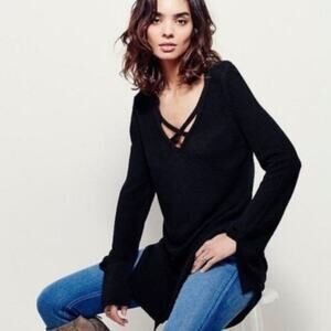 Free People The Andy Crisscross Slit Bell Sleeve Long Lined Black Sweater XS